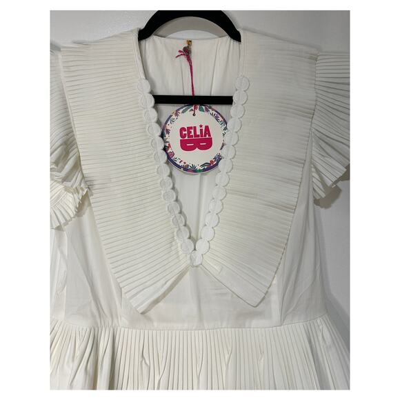 Celia B Bjorn Dress White Crisp Cotton Size Large NWT Pleated Ruffled Trim - Picture 4 of 16